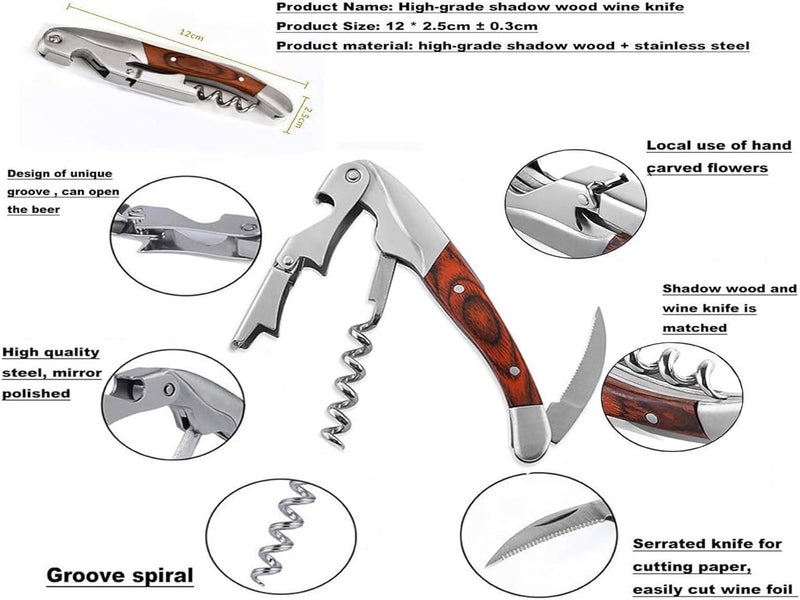 Kit-Home Professional Waiter Corkscrew Wine Key for Bartenders Set of 3,With Long Rosewood Handle Stainless Steel Handle Wine Opener for Bar Restaurant Waiters, Sommelier, Bartend (Long Wood 3 Packs) - Image 2